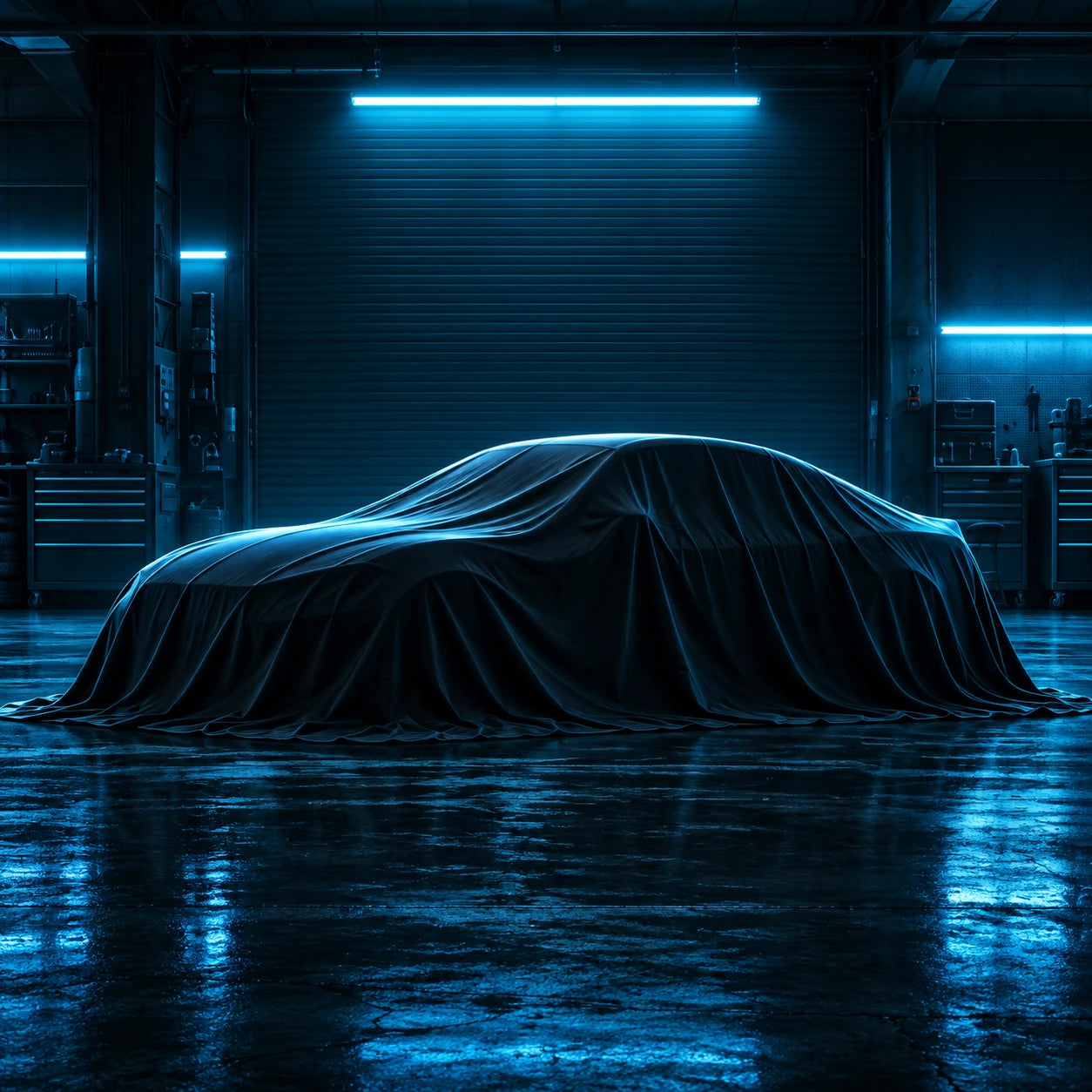 Illustrative covered mystery vehicle in a blue-lit garage. Next vehicle not announced.